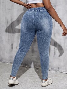 SHEIN MOD Plus Size Women's Elastic Waist Skinny Casual Versatile Denim Jeans - Medium Wash - View 2
