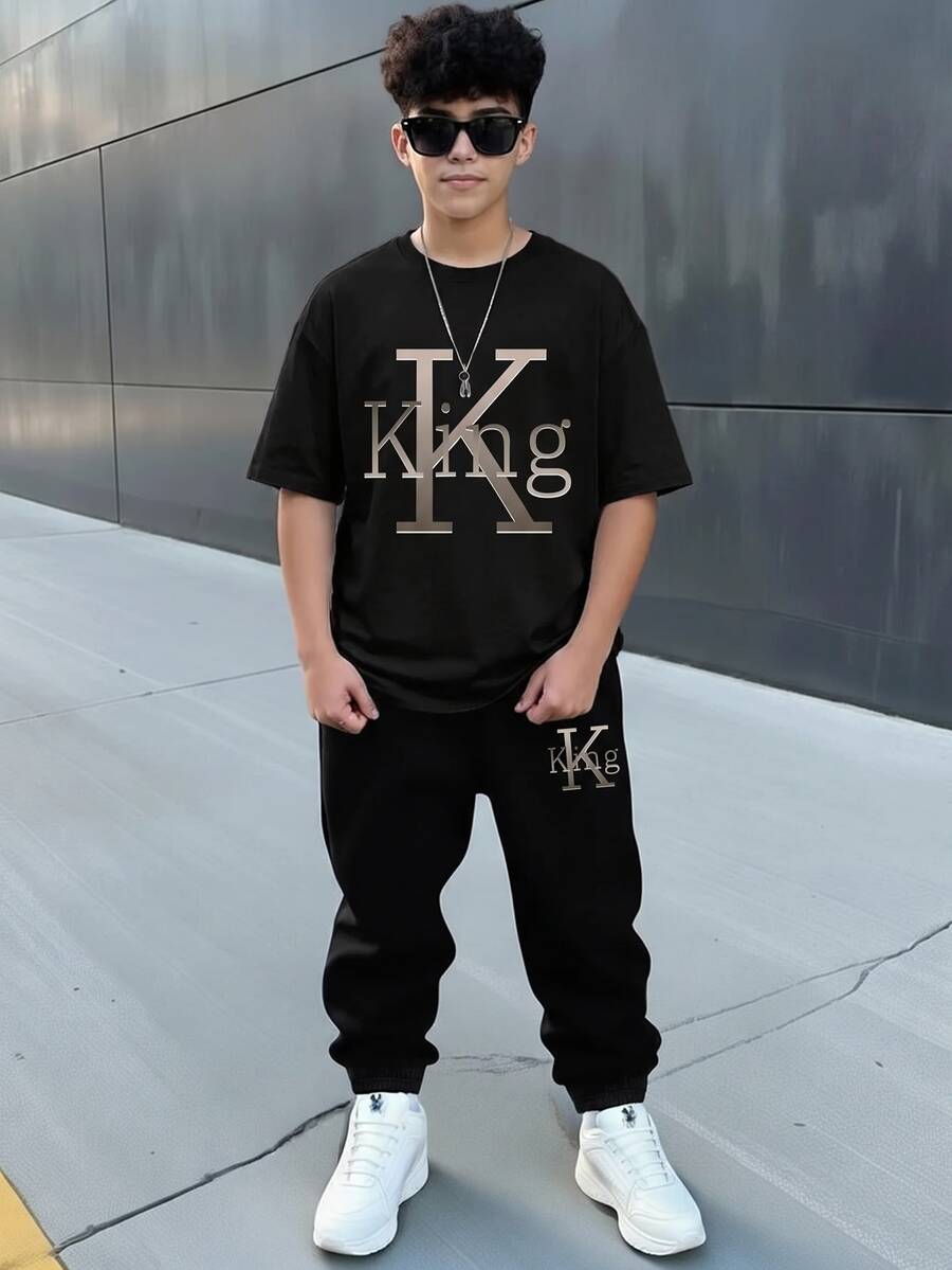 Tween Boy Casual Comfortable Fashion Minimalist Crew Neck Short Sleeve T-Shirt And Long Pants Set - White - View 1