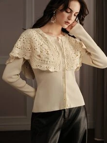 Anewsta Women's Fall/Winter Elegant French White Button Up Long Sleeve Shawl Cardigan For Church Ceremony - Apricot - View 5