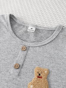 Young Boy Gray Long Sleeve Bear Patch Top & Plaid Pants Set Loungewear - Multicolor - View 5