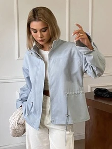 Livesso Women's Solid Color Pleated Casual Versatile Daily Long Sleeve Jacket Autumn Travel Everyday Baby Blue - Blue - View 4