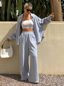DAZY Women's Solid Color Shirt And Pants 2 Pieces Set For Vacation And Casual Wear Fall - Blue - View 5