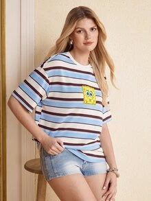 SpongeBob SquarePants | SHEIN تي شيرت نسائي كاجوال يومي بطبعة كرتونية مخططة - الأزرق - مشاهدة 6