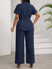 SHEIN Lady Women's Solid Color Waist Knot Top And Long Pants Casual Daily 2 Pieces Set - Navy Blue - View 2