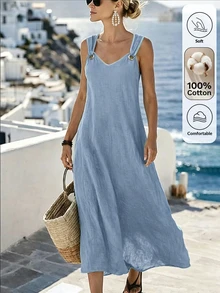 Linhara CURVE Gaun Eyelet Fashion Ukuran Plus untuk Liburan Pantai - Biru - View 3