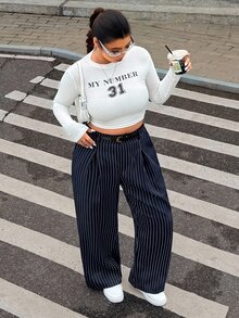 SHEIN EZwear Pantalones de pierna ancha casuales con cierre de botones y cinturón en unicolor para otoño/invierno en talla grande - Azul Marino - Ver 7