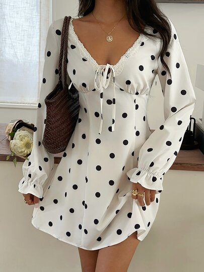 SHEIN Frenchy Polka Dot Print Lace Patchwork Dress