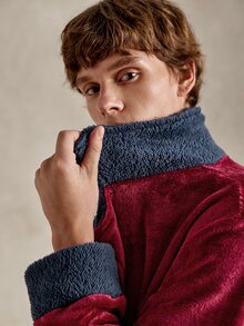 EverLounge Autumn/Winter Colorblock Patchwork Plush Lapel Men's Robe, Warm And Comfortable Home Bathrobe - Multicolor - View 7