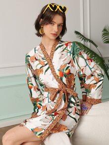 Chillnights Women's Vacation Botanical Leopard Print Long Sleeve Robe - Multicolor - View 5