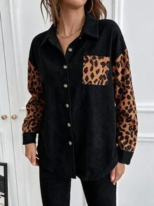 SHEIN LUNE Women's Black And White Leopard Print Colorblock Patchwork Shirt Vintage Casual Loose Drop Shoulder Lapel Single-Breasted Cardigan Top Fall - Multicolor - View 3
