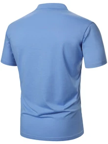 Manfinity Homme 男士字母印花短袖休閒通勤 Polo 衫 - 藍色 - 查看 2