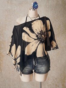 SHEIN ICON 女款休閒極簡花卉圖案大尺碼網紗上衣 - 彩色 - 查看 1
