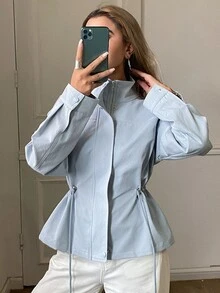 Livesso Women's Solid Color Pleated Casual Versatile Daily Long Sleeve Jacket Autumn Travel Everyday Baby Blue - Blue - View 1