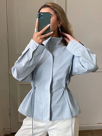 Livesso Chaqueta de manga larga casual versátil de uso diario con pliegues de unicolor para mujer