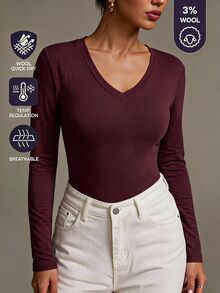 SHEIN BASICS 女款純色修身百搭日常長袖T恤 - 酒紅色 - 查看 1
