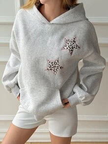 Livesso Sweatshirt Berkerudung Lengan Panjang Bordir Motif Leopard untuk Wanita, Cocok untuk Liburan Musim Gugur - Grey - View 4