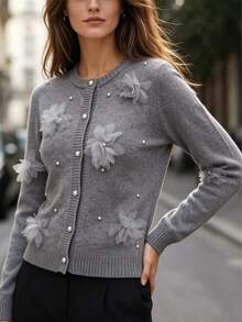 Balvessa Women's Elegant Beaded 3D Floral Decor Cardigan, Autumn/Winter - Dark Grey - View 4