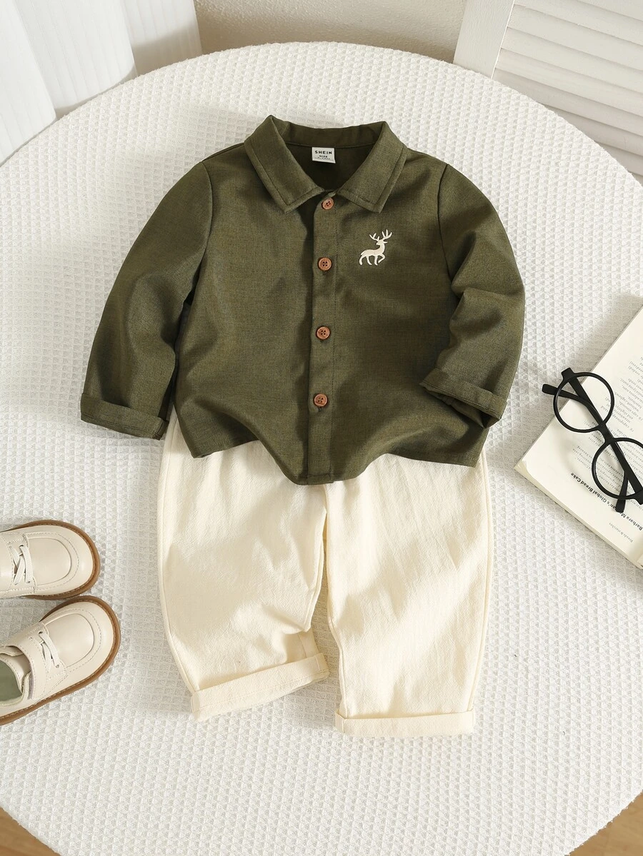 SHEIN Baby Boy Solid Color Versatile Comfortable Collared Long Sleeve Button-Up Shirt And Elastic Waist Long Pants 2 Pieces Set - Multicolor - View 1