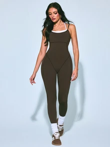 SHEIN Sovereign Charm Contrast Color Slim Fit Spaghetti Strap Sports Jumpsuit - Coffee Brown - View 3