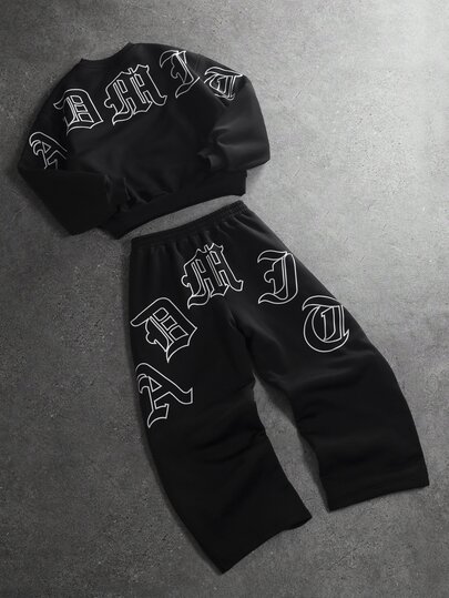 STYNVO Men's Letter Print Sweatshirt And Sweatpants Set