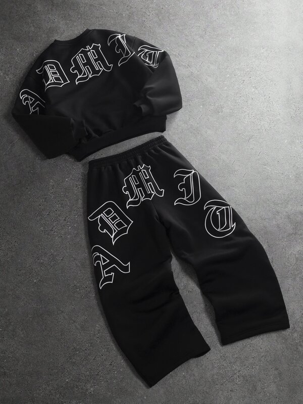 STYNVO Men's Letter Print Sweatshirt And Sweatpants Set