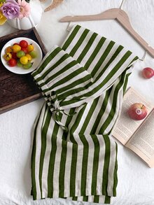 SHEIN EZwear 深綠色與白色條紋大尺碼女款繫腰寬腿長褲 - 軍綠色 - 查看 3