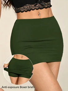 SHEIN PETITE Women's Black Sexy Casual Mini Bodycon Skirt With Built-In Leggings - Army Green - View 4