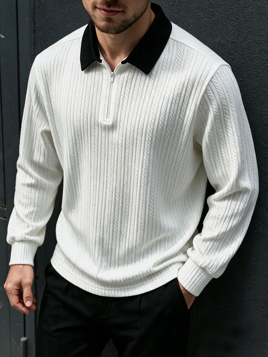 Manfinity Dauomo Men's Contrast Color Lapel Zipper Design Long Sleeve Business Casual T-Shirt - White - View 1