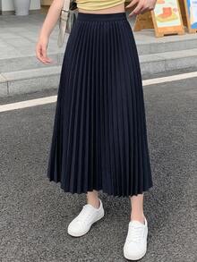 DAZY 女款純色百褶休閒百搭日常穿著裙 秋季 - 藏蓝色 - 查看 6