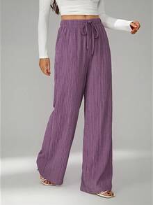 SHEIN Tall Loose Drawstring Waist Trousers In Textured Crinkle Fabric - Violet Purple - View 6