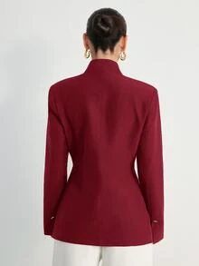 Aveloria Modichic 歐美新時尚百搭優雅極簡通勤女款西裝外套，金屬扣飾、純色、高級感無領設計 - 紅色 - 查看 6
