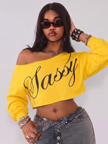 Vadaroq Women's Letter Print Asymmetric Collar Cropped Sweatshirt - Yellow - View 3