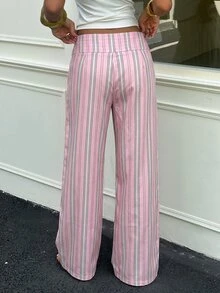 Aloruh 女款條紋休閒百搭日常旅行長褲 - 粉色 - 查看 3