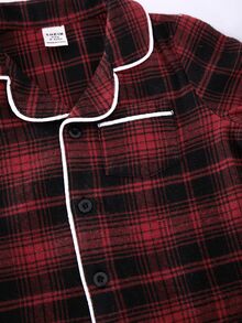 SHEIN 男女嬰兒適用 2件組秋冬休閒可愛海軍藍格紋睡衣套裝，居家服套裝，適合居家休息、睡眠與日常外出 - 紅色 - 查看 6