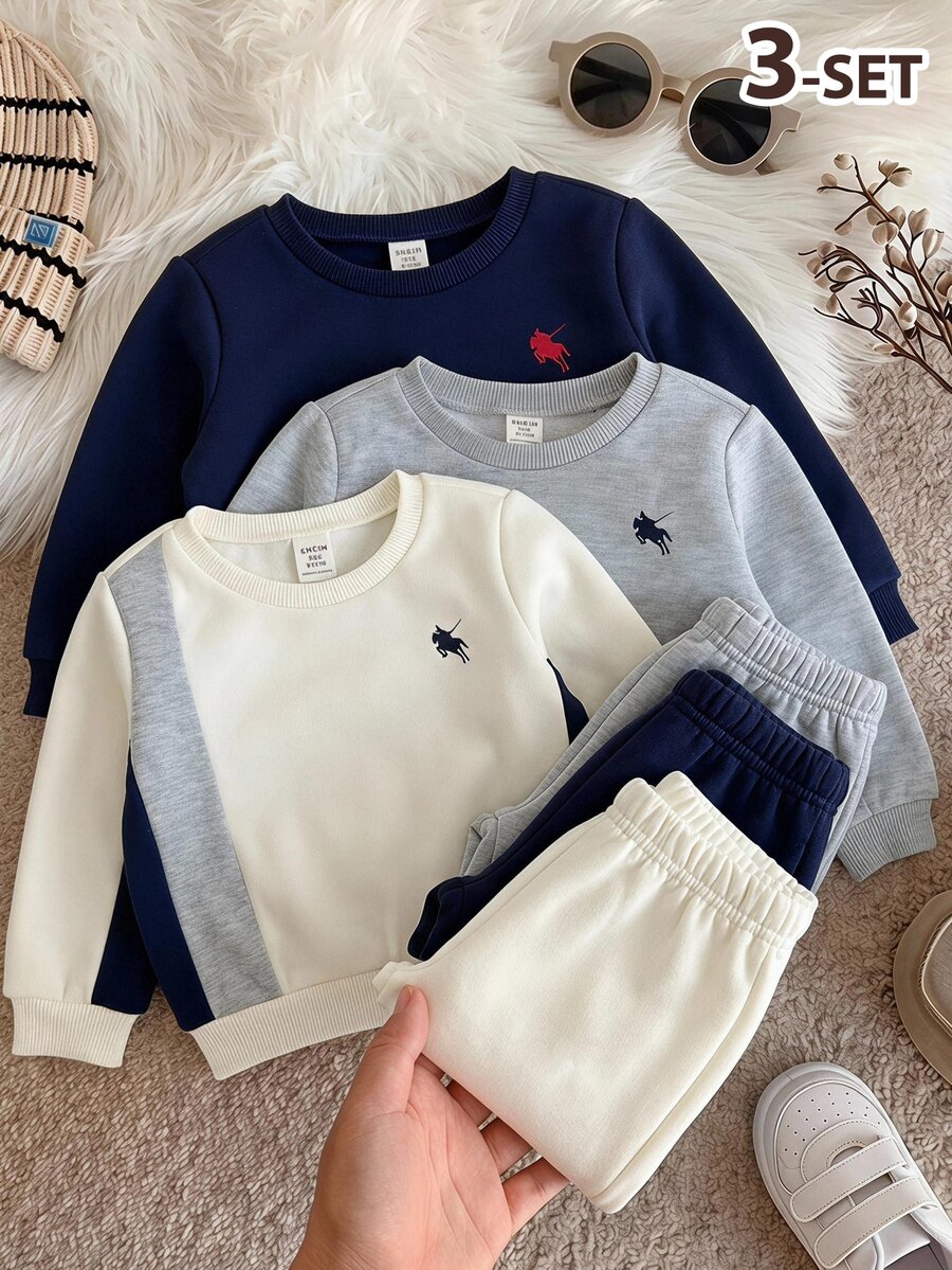 LMoss Kids 男嬰兒童卡通小馬刺繡圖案厚針織柔軟圓領長袖套頭衛衣彈性腰長褲6件套 - 彩色 - 查看 1