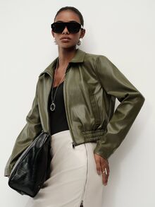 Aveloria Modichic Women's Jacket Cropped Bomber PU Zip Up Lapel Elastic Hem Long Sleeve Pockets Streetwear Cool Casual Vintage Olive Green Solid Jacket Women's Jacket - Army Green - View 1