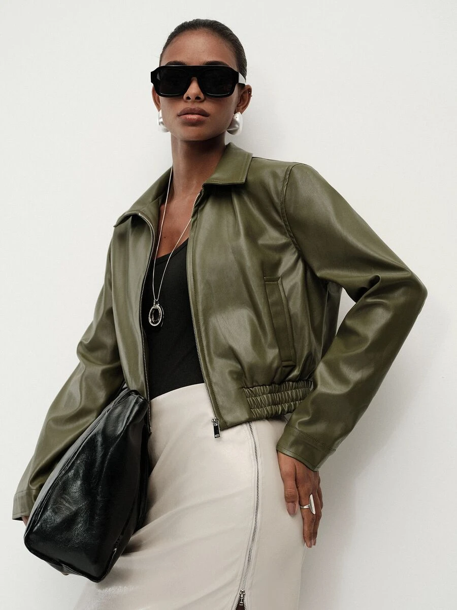 Aveloria Modichic Women's Jacket Cropped Bomber PU Zip Up Lapel Elastic Hem Long Sleeve Pockets Streetwear Cool Casual Vintage Olive Green Solid Jacket Women's Jacket - Army Green - View 1