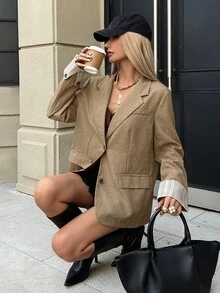 DAZY 女款翻領長袖休閒通勤西裝外套 秋季 - 卡其色 - 查看 6