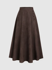 Sweetra Women's Autumn/Winter Casual Commute Suede Velvet Button Decor A-Line Skirt - Coffee Brown - View 1