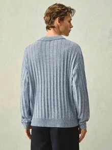 RONVEXI Men's Spring/Summer New Polo Collar Floral Print Versatile Long Sleeve Half-Button Pullover - Dusty Blue - View 2