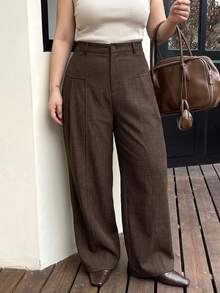 Dazy Plus Plus Size Solid Color Casual Wide Leg Pants For Office - Brown - View 3