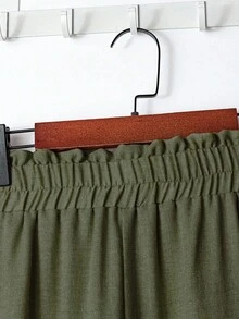 Linhara Plus Size Women Solid Color Linen Blend Round Neck Lace Patchwork Full Button Front Mid Sleeve Casual Comfortable Regular Fit Shirt + Elastic Waist Loose Long Pants 2pcs Set - Army Green - View 6
