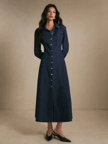 Poéselle Women's Collared Button Front Denim Midi Dress With Flap Chest Pockets, Fitted A-Line, Elegant - Dark Wash - View 4
