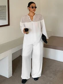 Livesso Curve Hollow Mesh Patchwork Pullover Top And Loose Long Pants Vacation Style Urban Casual Two Pieces Set - White - View 4