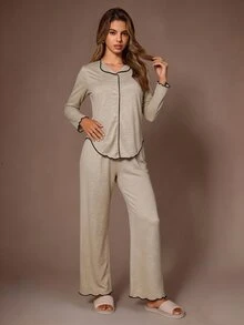 SHEIN Women's Casual Knit Ruffle Hem Asymmetrical Bottom Button Loungewear Pajama Set - Apricot - View 5