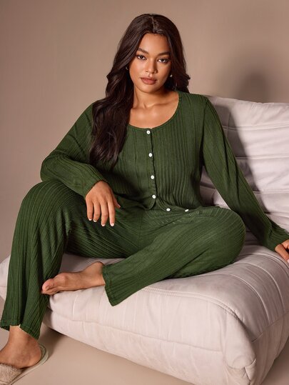 Lazeform Minimalist Comfortable Solid Color Ribbed Knit 2 Pieces Pajama Set, Casual Soft Skin-Friendly Plus Size Loungewear Long Sleeve & Long Pants
