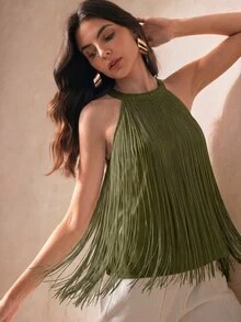 Anewsta 女款優雅橄欖綠垂墜流蘇掛脖蕾絲飾邊露肩上衣，適合派對、約會之夜、夜店 - 軍綠色 - 查看 3