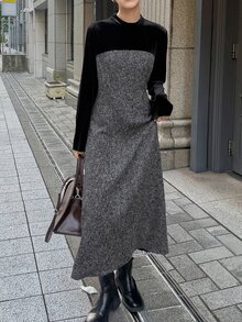 FRIFUL Gaun Wanita Elegan Gaya Prancis dengan Leher Bulat dan Lengan Panjang, Motif Blok Warna, Cocok untuk Musim Gugur, Kantor, Makan Siang, dan Makan Malam, Warna Hitam - Dark Grey - View 1
