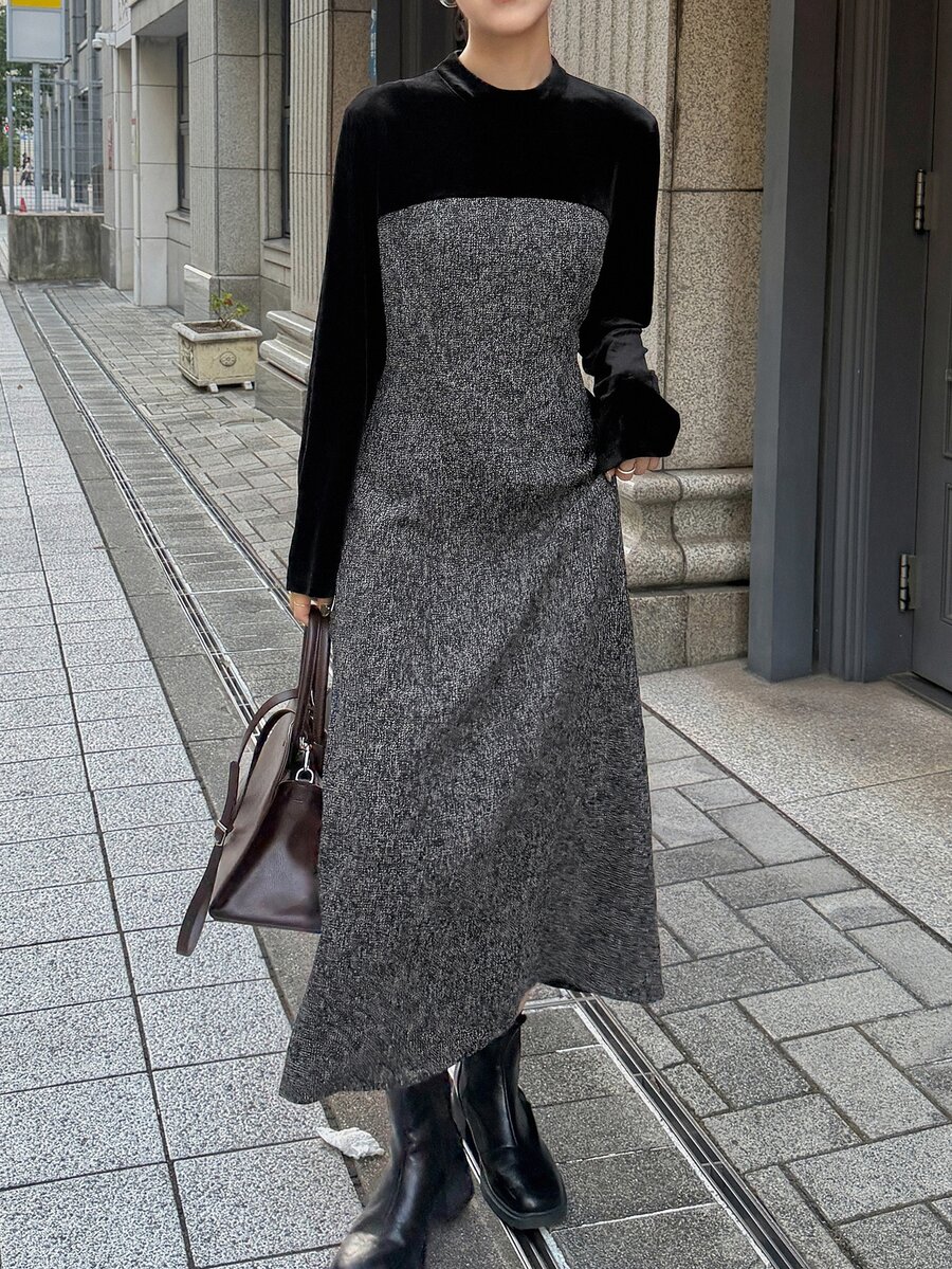 FRIFUL Gaun Wanita Elegan Gaya Prancis dengan Leher Bulat dan Lengan Panjang, Motif Blok Warna, Cocok untuk Musim Gugur, Kantor, Makan Siang, dan Makan Malam, Warna Hitam - Dark Grey - View 1
