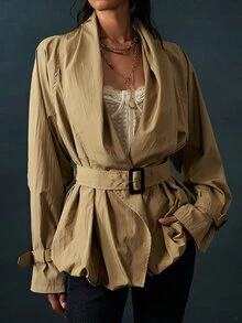 Bohemela Women's Solid Color Shawl Collar Long Sleeve Casual Jacket - Army Green - View 7